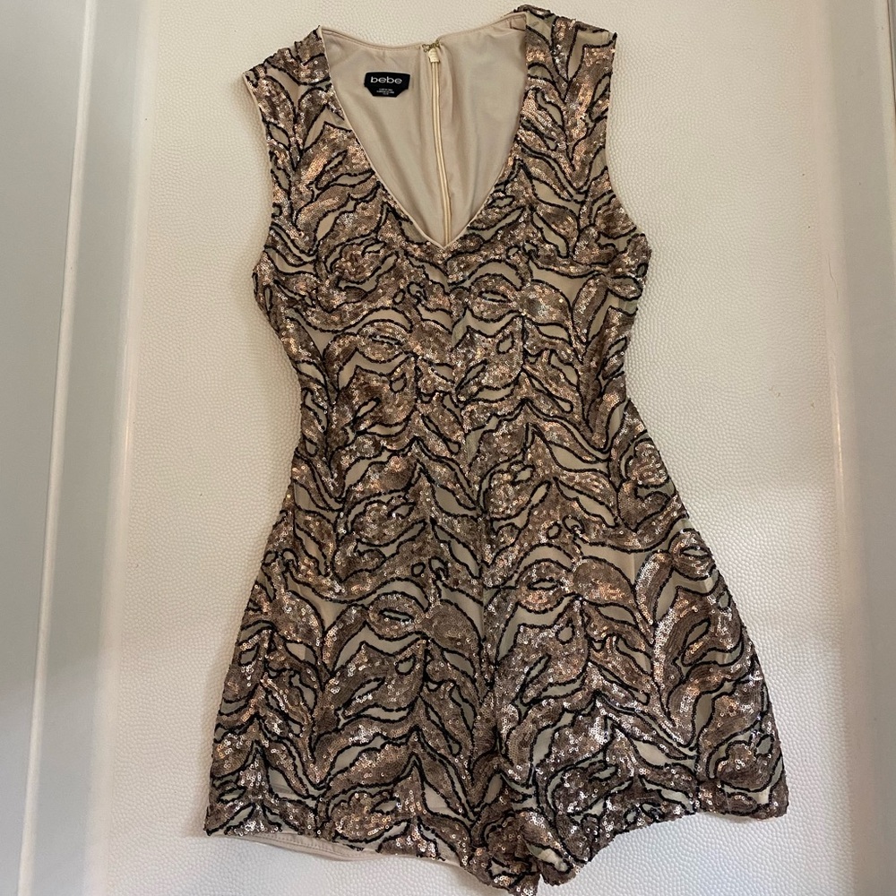 Bebe Sequin Sparkly Tan and Black Shorts Romper